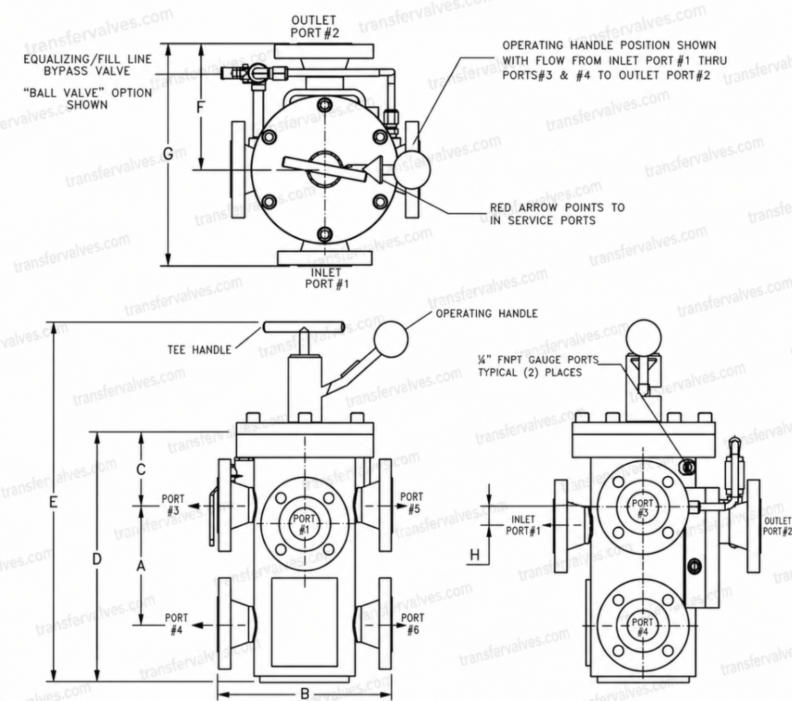 HICORP 6-Way Inline Transfer Valve dimensional drawing showing front and side views with labeled dimensions A–H, port layout, tee handle, and operating handle positions