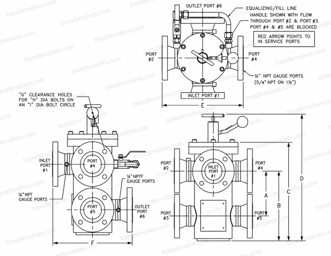 HICORP 6-Way Opposite-Side Transfer Valve dimensional drawing showing port layout with inlet port #1, outlet port #6, and labeled dimensions A–F