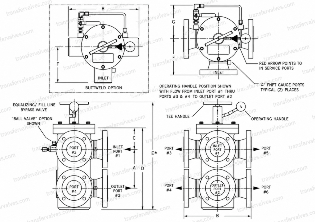 HICORP 6-Way Same-Side Transfer Valve dimensional drawing showing butt-weld option, port layout, and labeled dimensions A–G