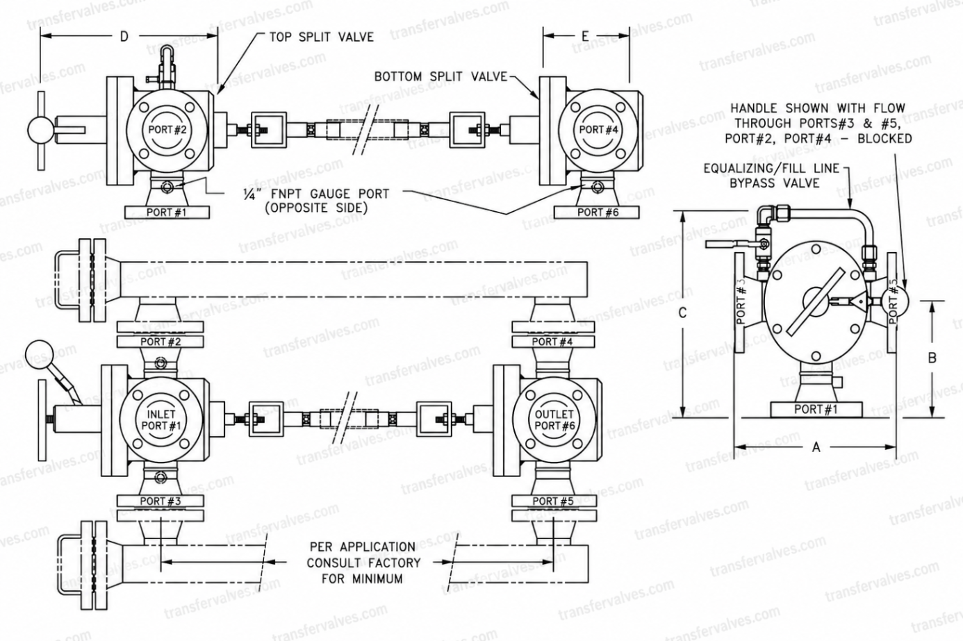 HICORP 6-Way Split Transfer Valve dimensional drawing showing top split valve, bottom split valve, inlet port #1, outlet port #6, ports #2–#5, equalizing/fill line bypass valve, and labeled dimensions A–E